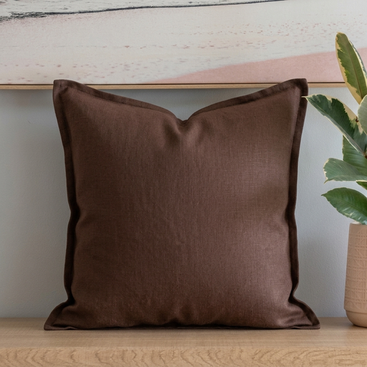 (Set of 2 ) 100% linen cushion cover, straight edge with Flange - Chocolate Brown