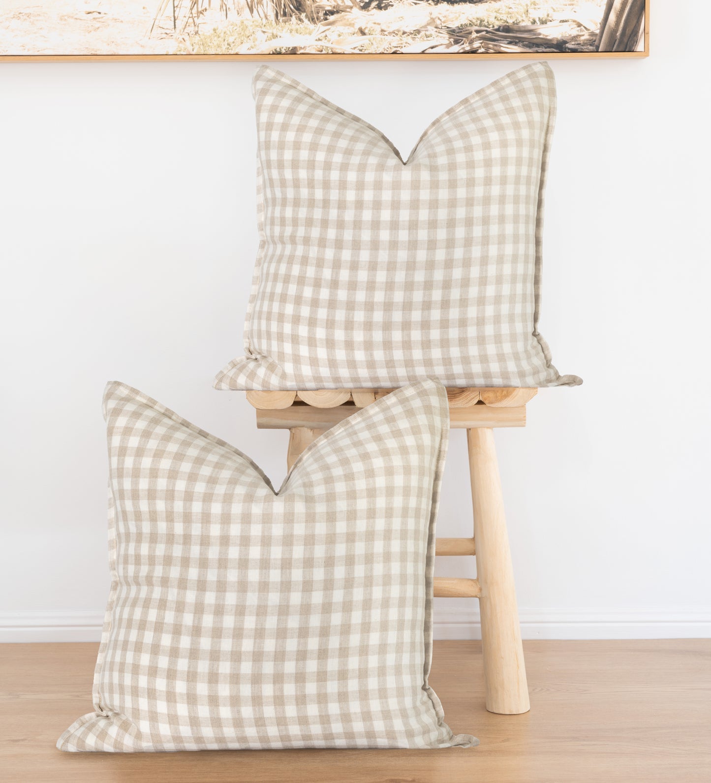 (Set of 2 ) 100% linen cushion cover straight edge with Flange small check Gingham Beige/white