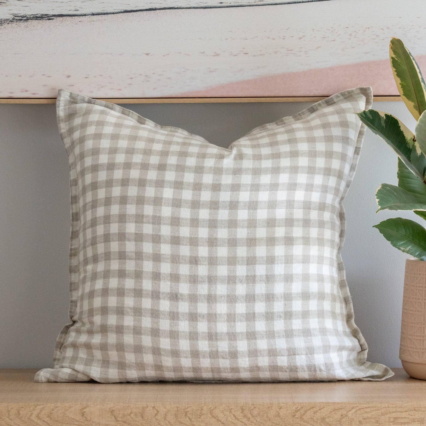 (Set of 2 ) 100% linen cushion cover straight edge with Flange small check Gingham Beige/white