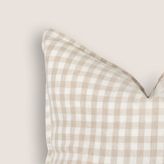 (Set of 2 ) 100% linen cushion cover straight edge with Flange small check Gingham Beige/white