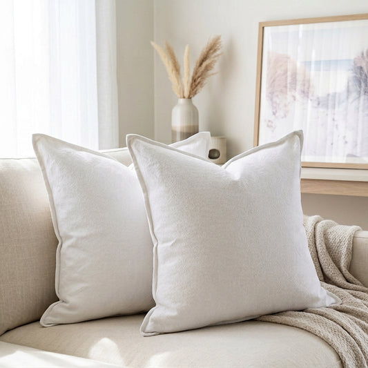 (Set of 2) Linen/cotton blend textured cushion covers, straight edge with Flange - White