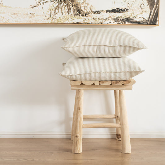 (Set of 2) Flax linen striped cushion cover, straight edge with Flange Beige/cream