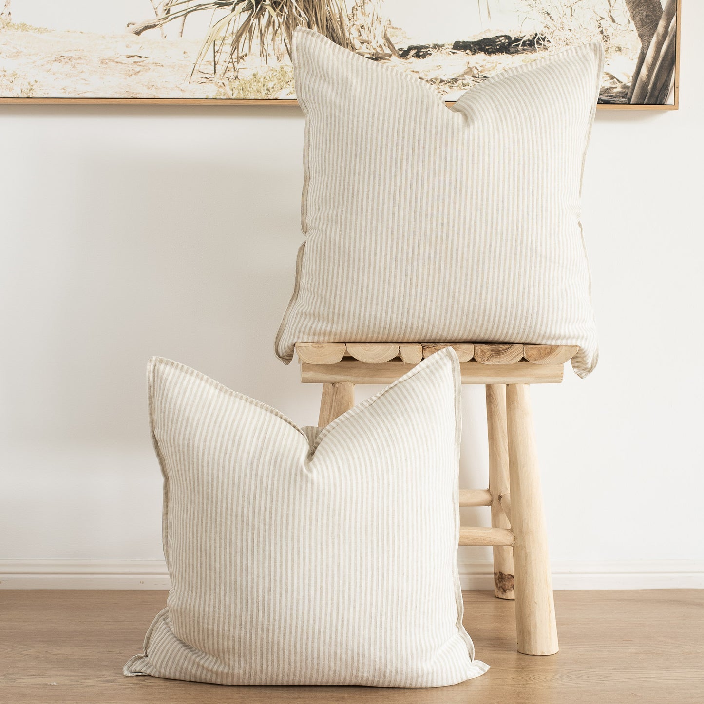 (Set of 2) Flax linen striped cushion cover, straight edge with Flange Beige/cream