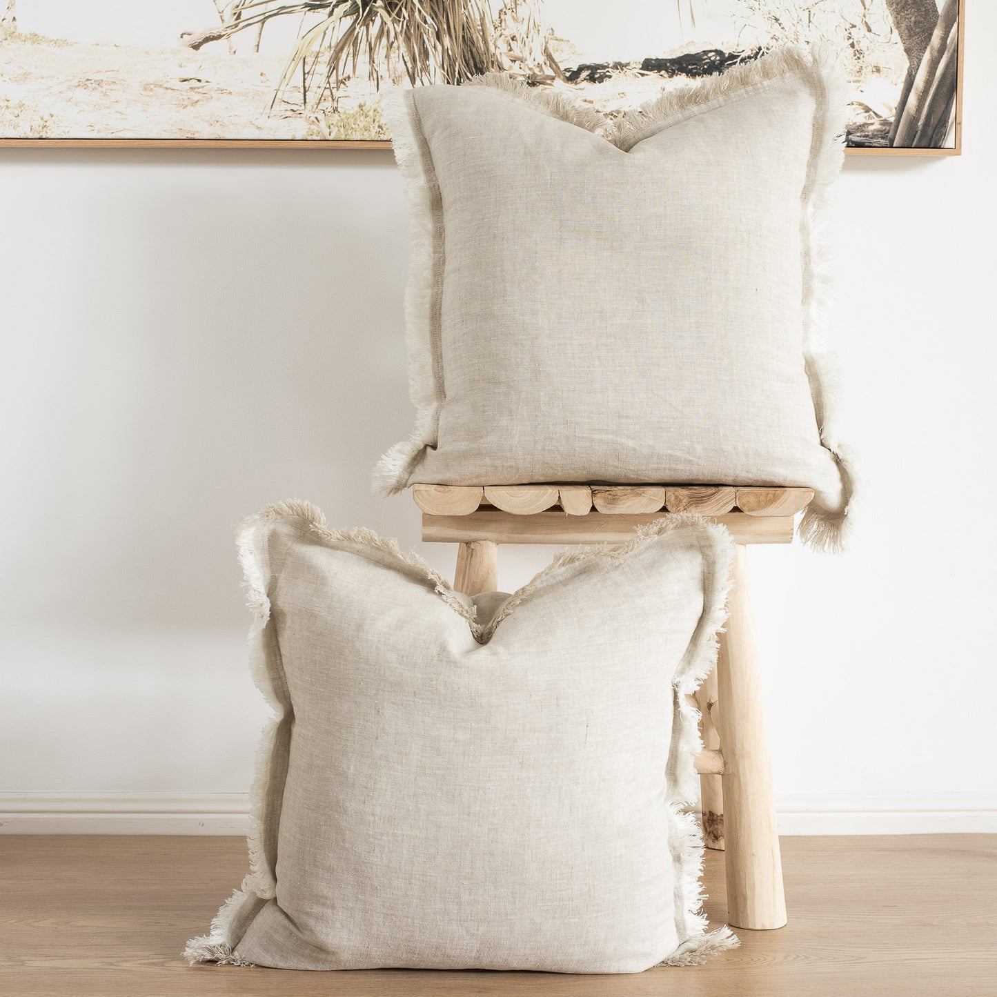 (Set of 2 ) 100% linen cushion cover, Hand made Fringed edge - Natural, Oatmeal