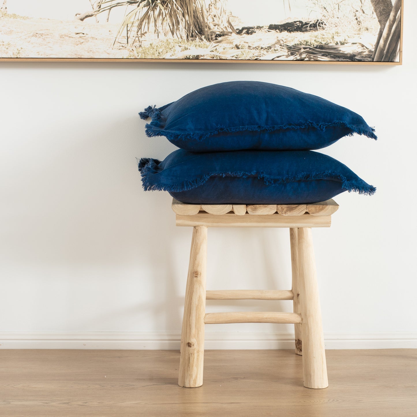 100% linen cushion cover, Hand made fringed edge - Navy Blue (Set of 2 )