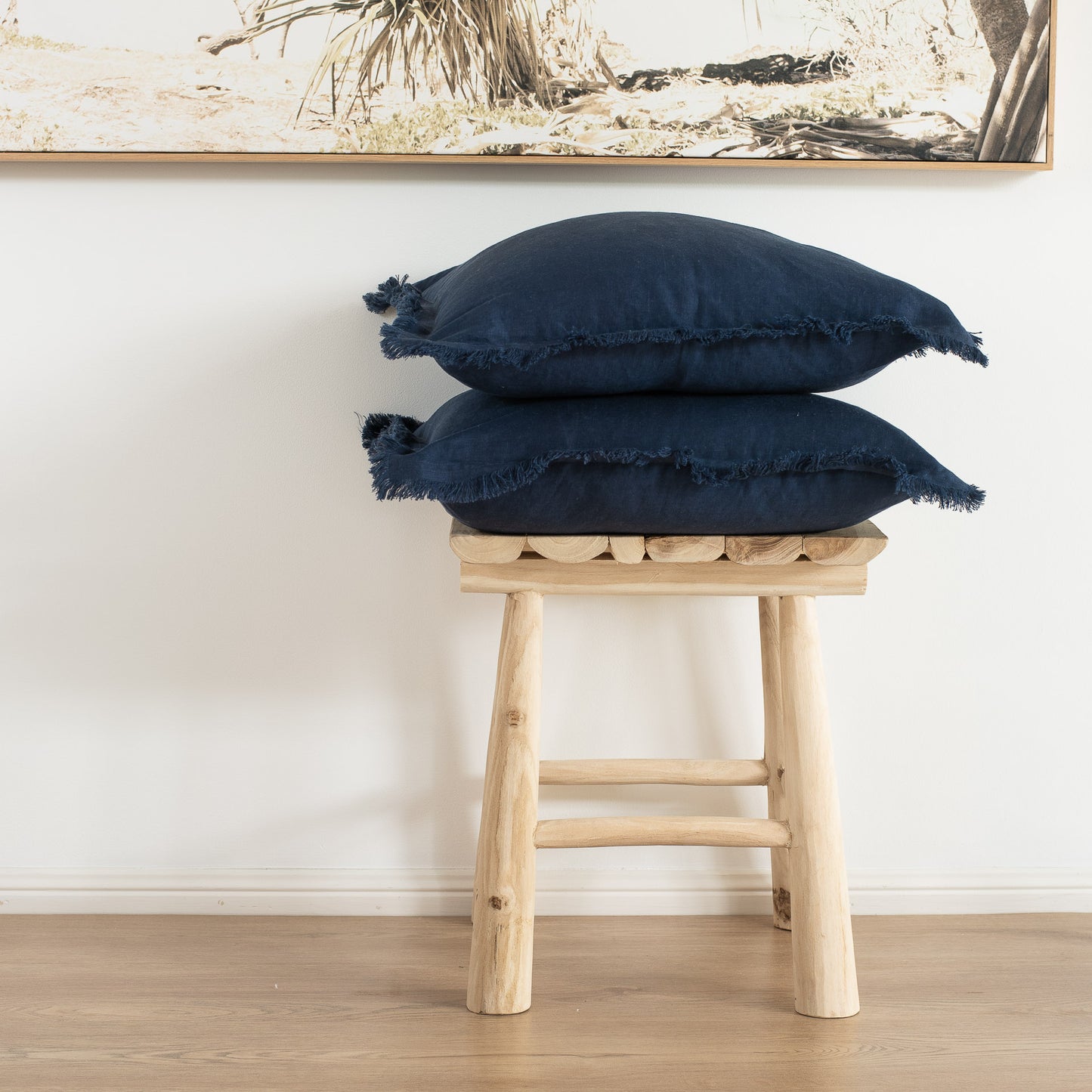 (Set of 2 ) 100% linen cushion cover, Hand made Fringe edge Navy