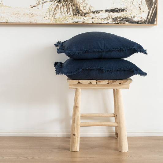 (Set of 2 ) 100% linen cushion cover, Hand made Fringe edge Navy