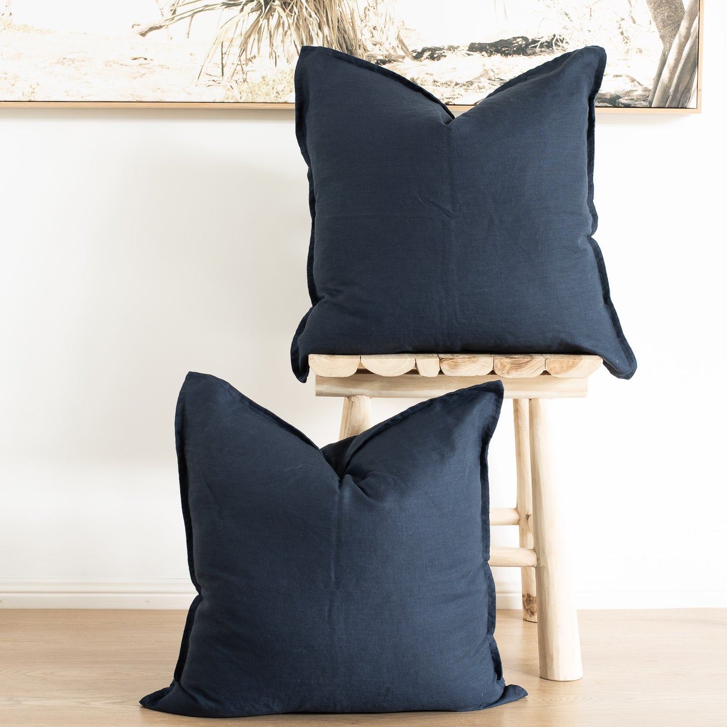 (Set of 2) 100% linen cushion cover, Hand made straight edge Navy