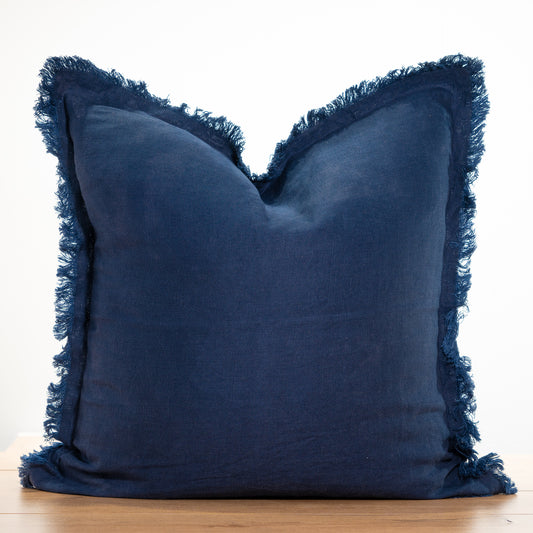 100% linen cushion cover, Hand made fringed edge - Navy Blue (Set of 2 )
