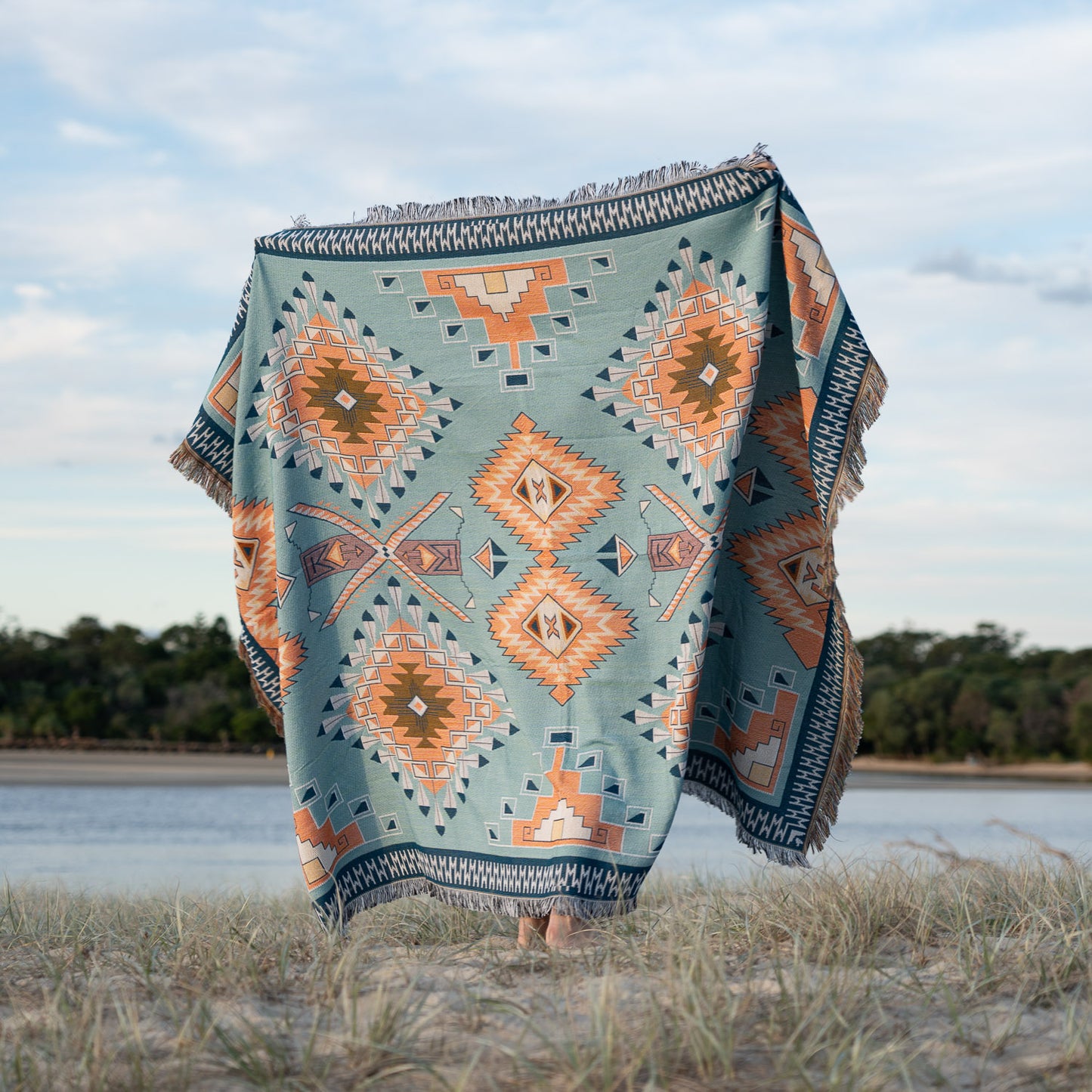 Cool Earth woven boho picnic rug, blanket blue tones. Large 160 by 200cm
