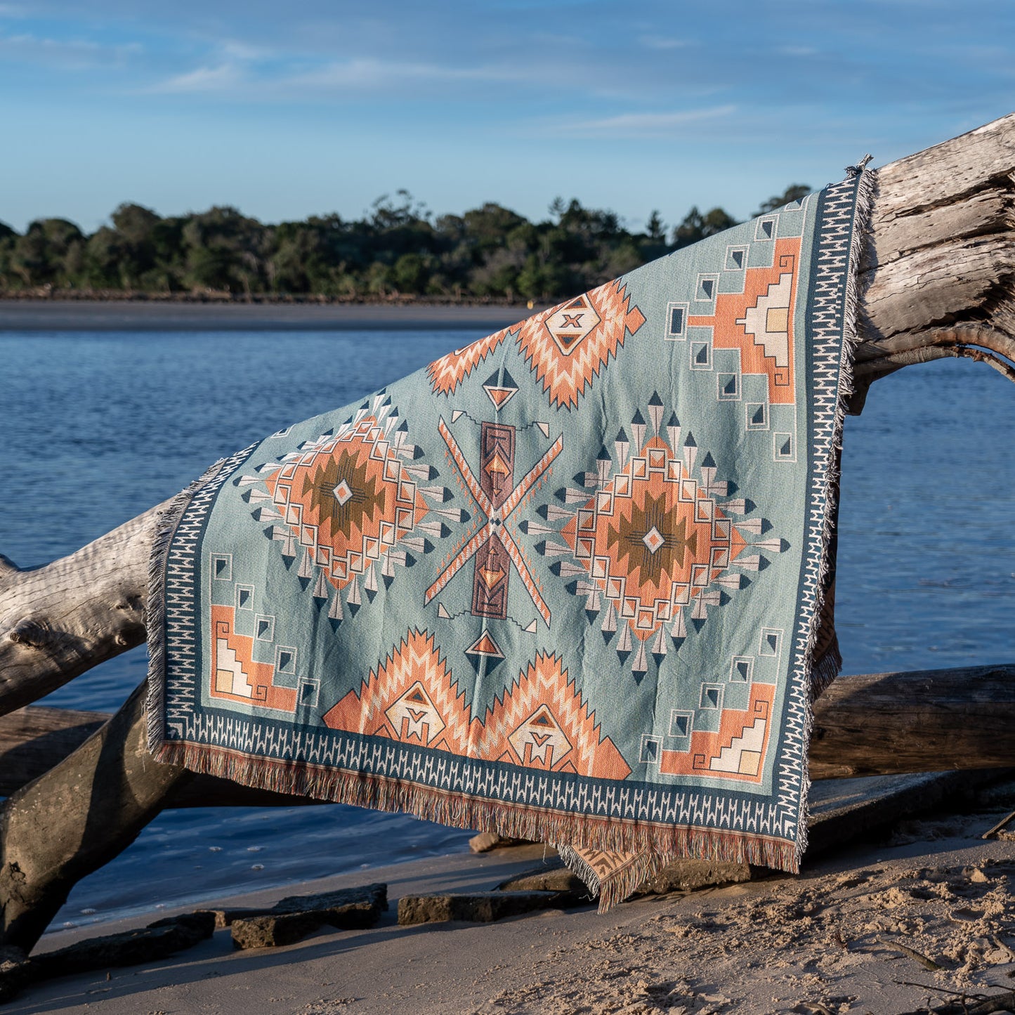Cool Earth woven boho picnic rug, blanket blue tones. Large 160 by 200cm