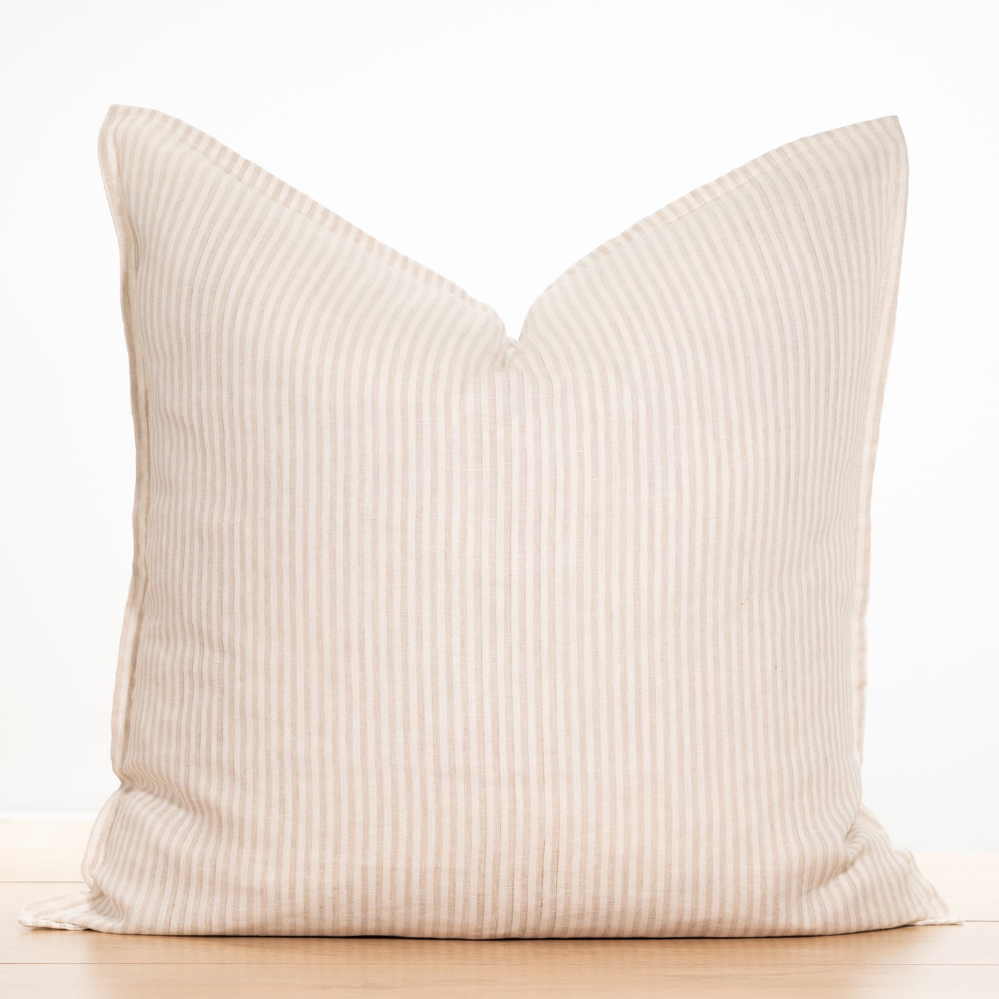 (Set of 2) Flax linen striped cushion cover, straight edge with Flange Beige/cream