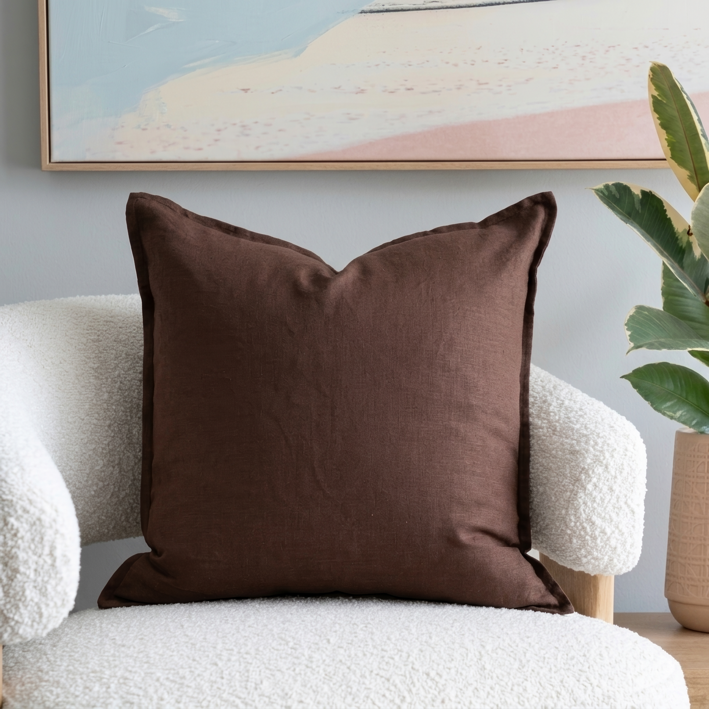 (Set of 2 ) 100% linen cushion cover, straight edge with Flange - Chocolate Brown