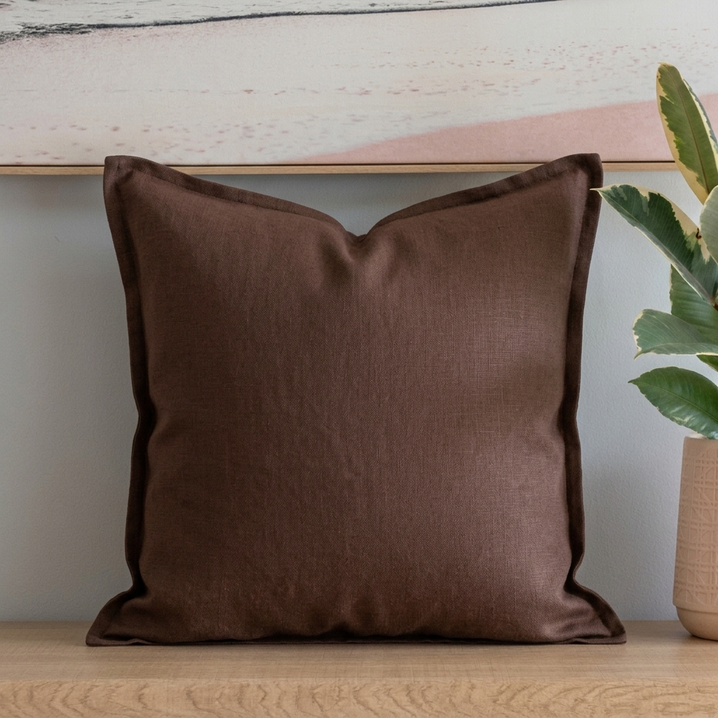 (Set of 2 ) 100% linen cushion cover, straight edge with Flange - Chocolate Brown