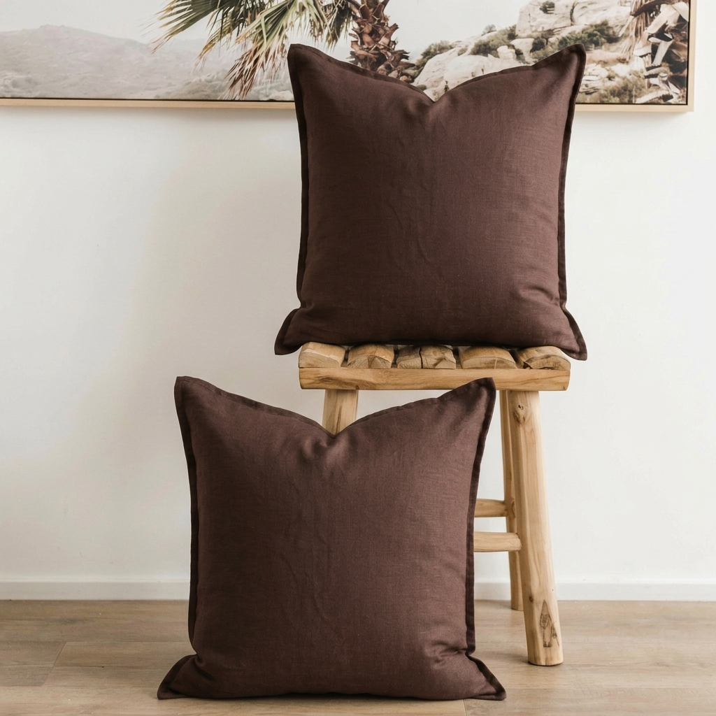 (Set of 2 ) 100% linen cushion cover, straight edge with Flange - Chocolate Brown