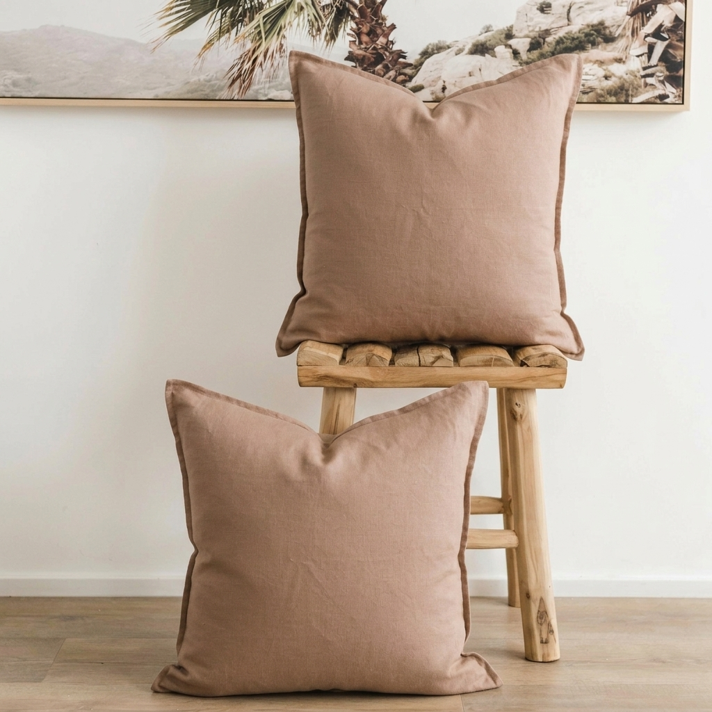 (Set of 2 ) 100% linen cushion cover, Hand made straight edge - Blush Clay