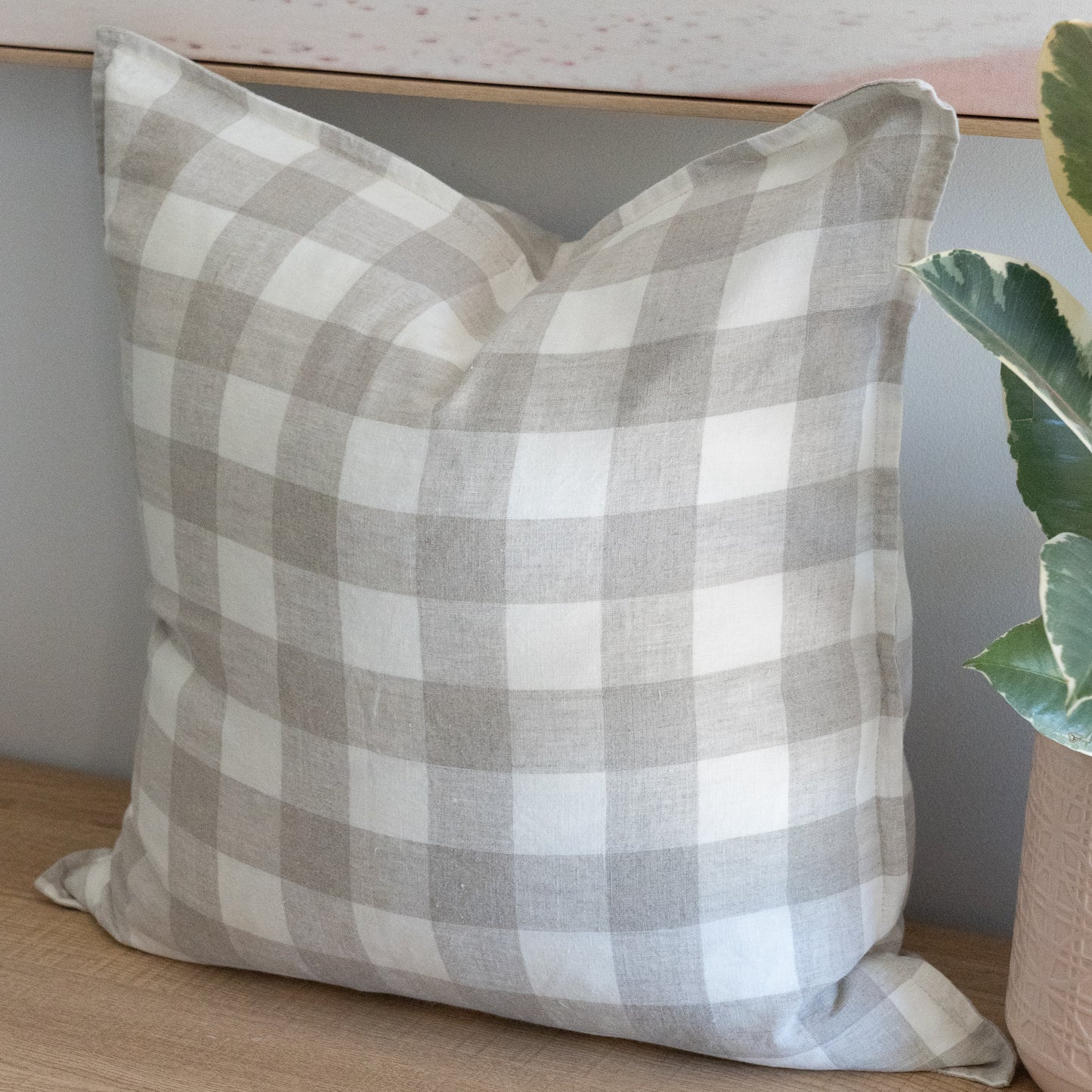 (Set of 2 ) 100% linen cushion cover, Hand made straight edge - Large Gingham check Beige/white (Copy)