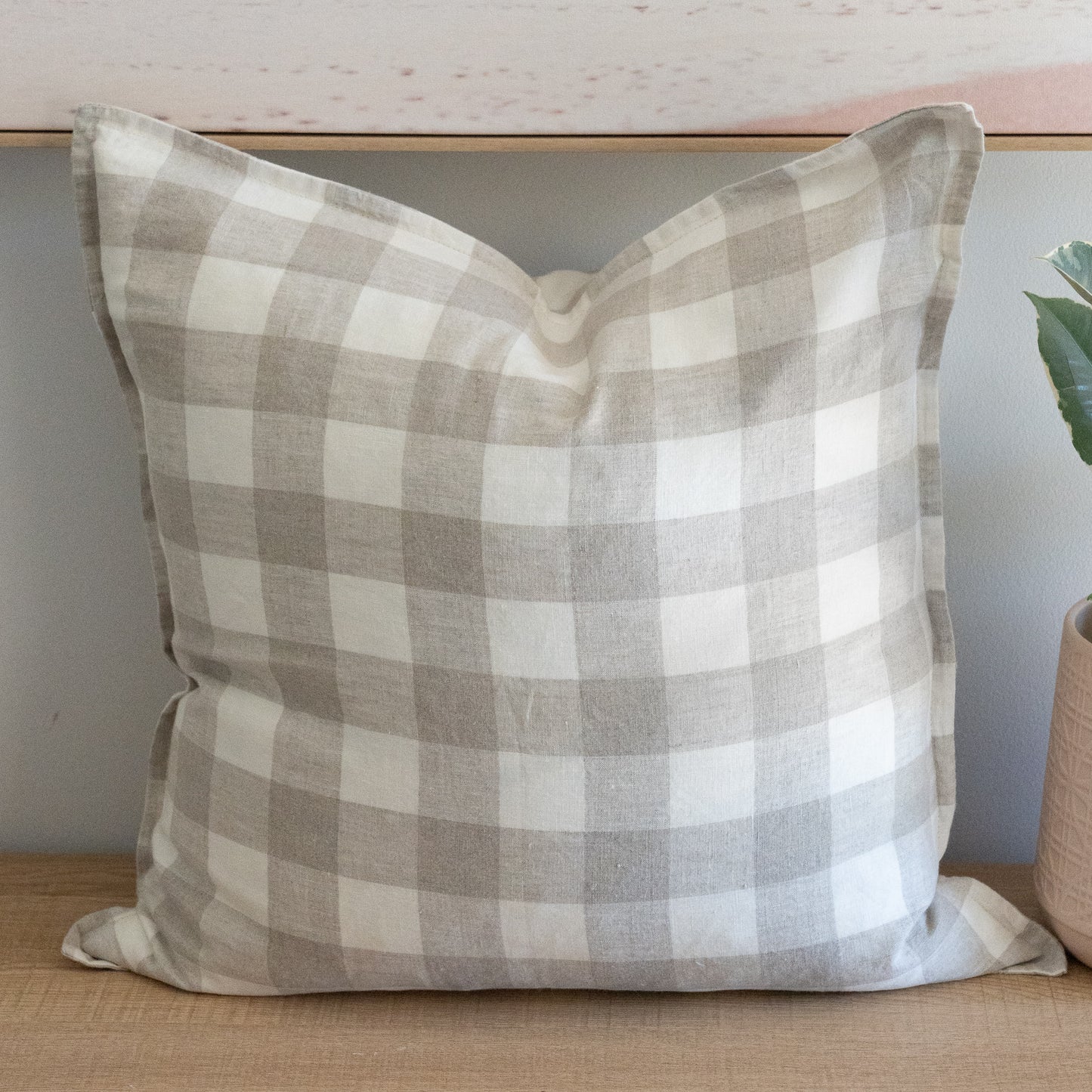 (Set of 2 ) 100% linen cushion cover, Hand made straight edge - Large Gingham check Beige/white (Copy)