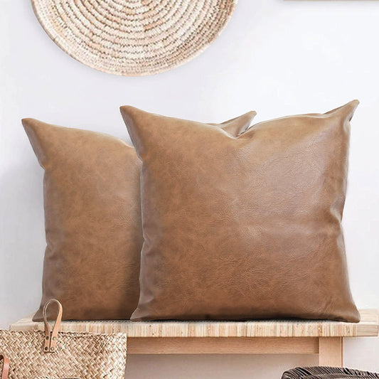 (Set of 2 ) 50cm Faux Leather Cushion Covers - Light tan brown