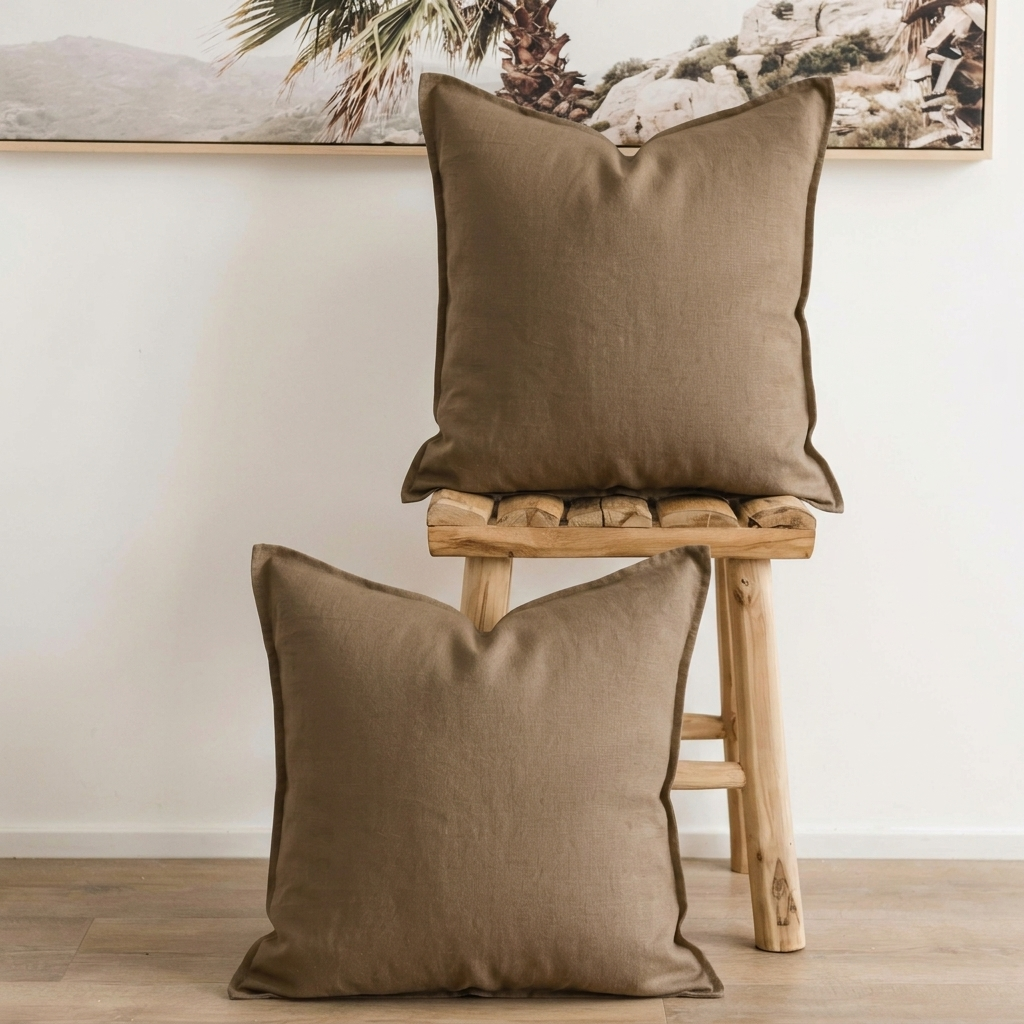 Set of 2 100% linen cushion cover,  with straight edge - Fawn