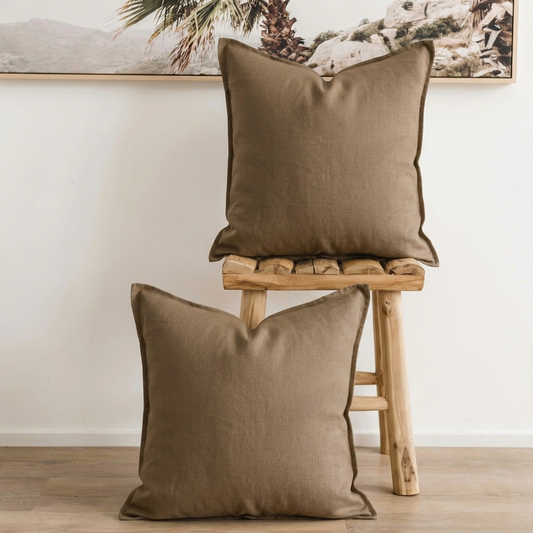 Set of 2 100% linen cushion cover,  with straight edge - Fawn