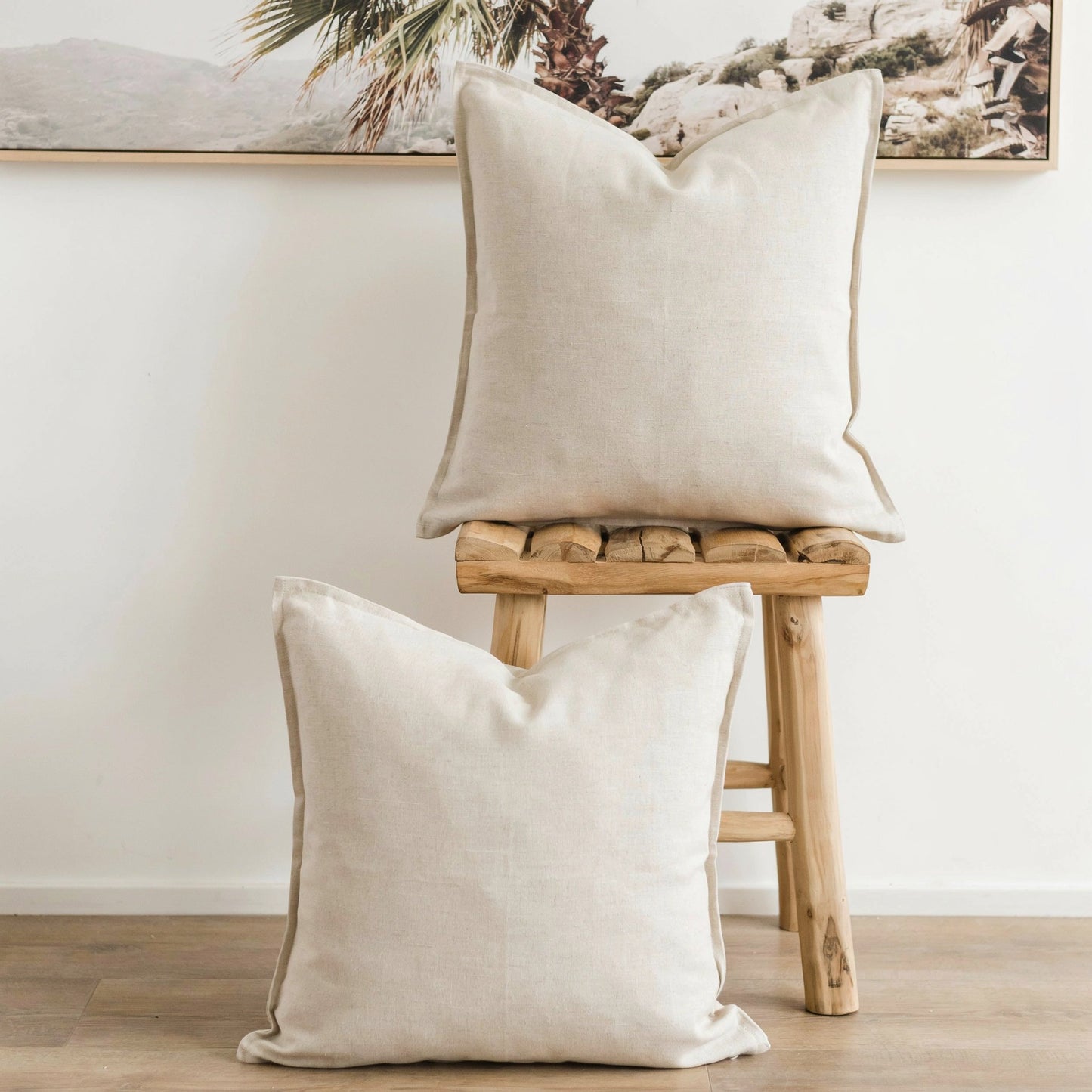 (Set of 2 ) 100% linen cushion cover, Hand made straight edge - Natural Light beige