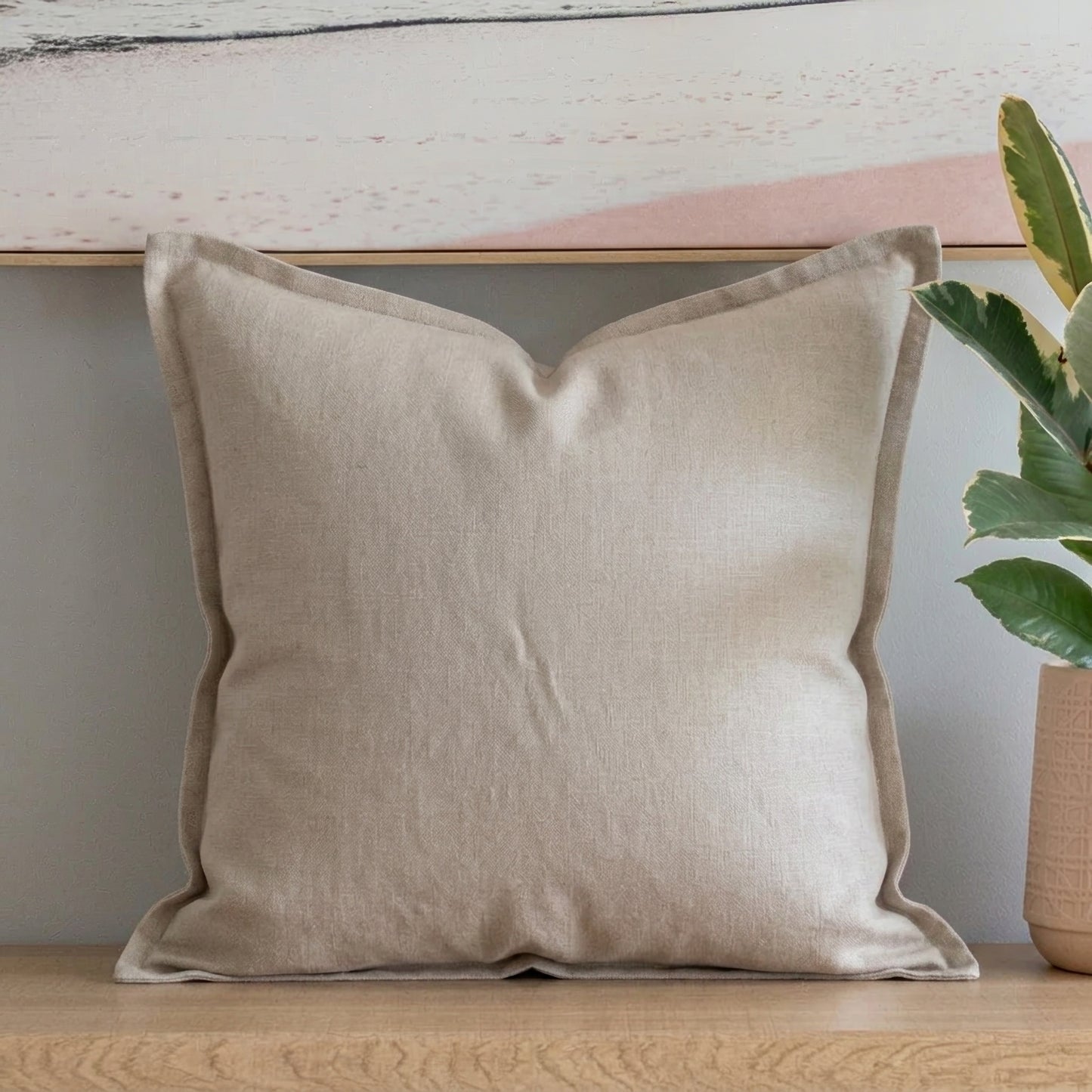 (Set of 2 ) 100% linen cushion cover, Hand made straight edge - Natural Light beige