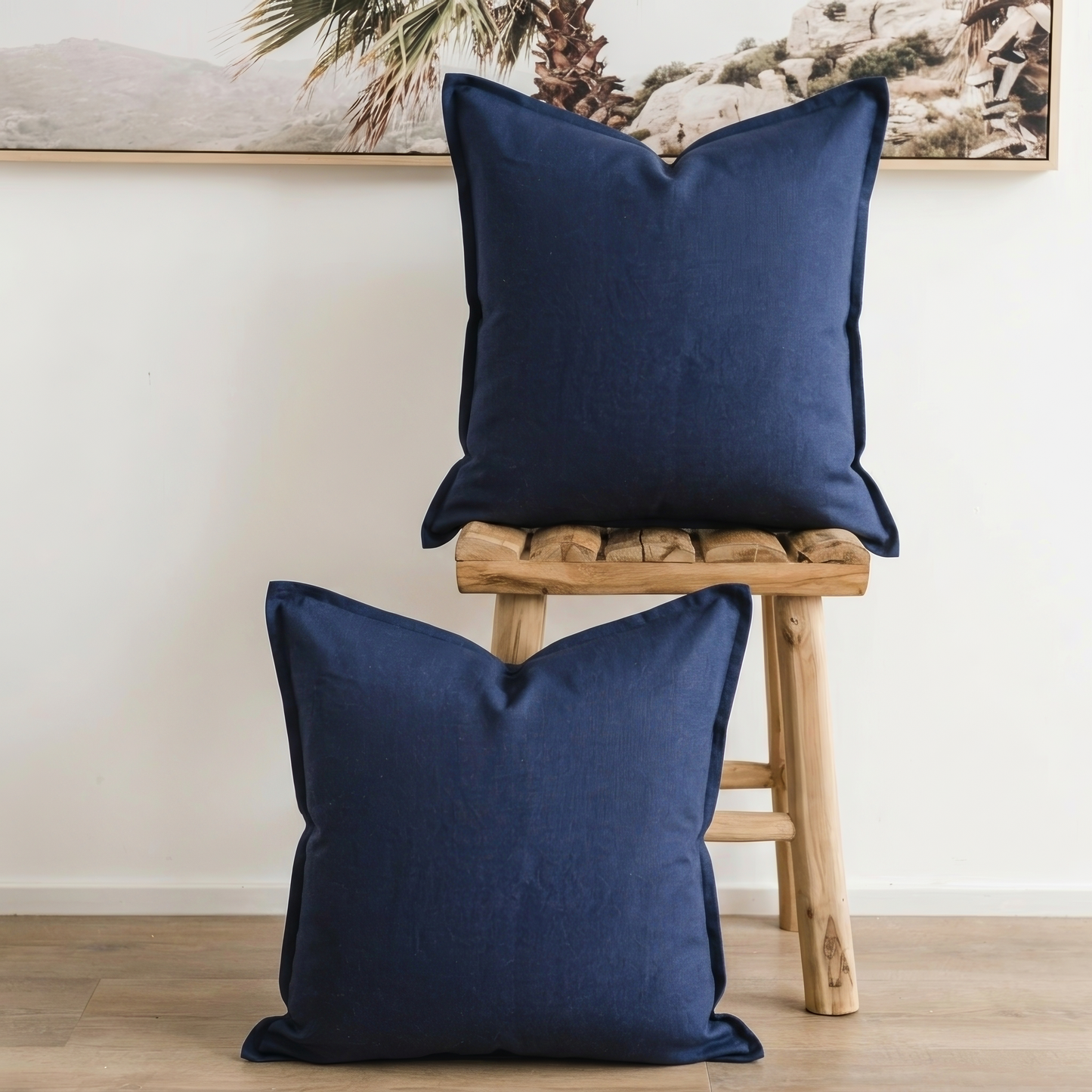 100% linen cushion cover, Hand made straight edge - Navy Blue (Set of 2)