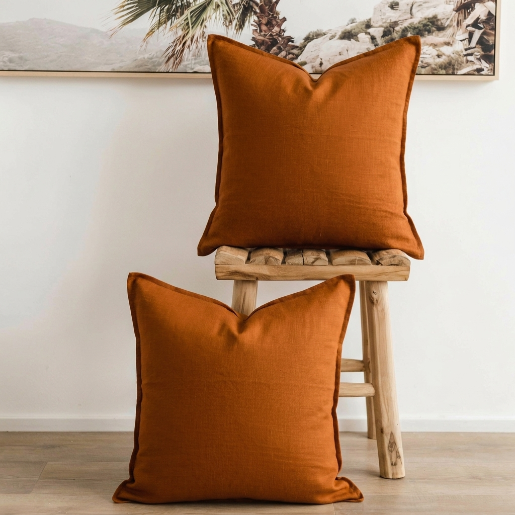 (Set of 2 ) 100% Flax linen cushion cover, straight edge with Flange - Rust