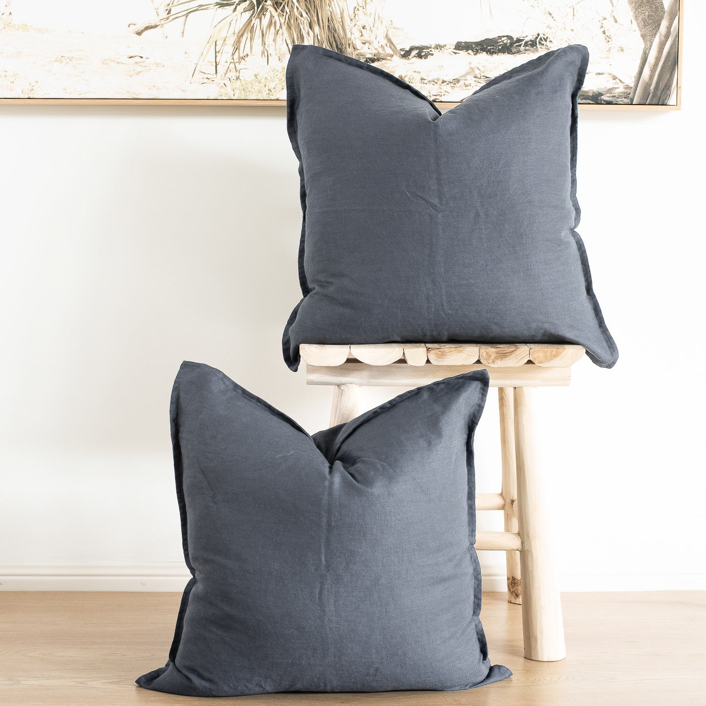 Set of 2 100% linen cushion covers, Hand made Straight Edge with flange - Slate Blue