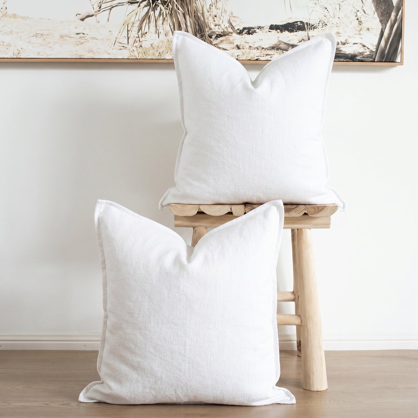 (Set of 2) Linen/cotton blend textured cushion covers, straight edge with Flange - White