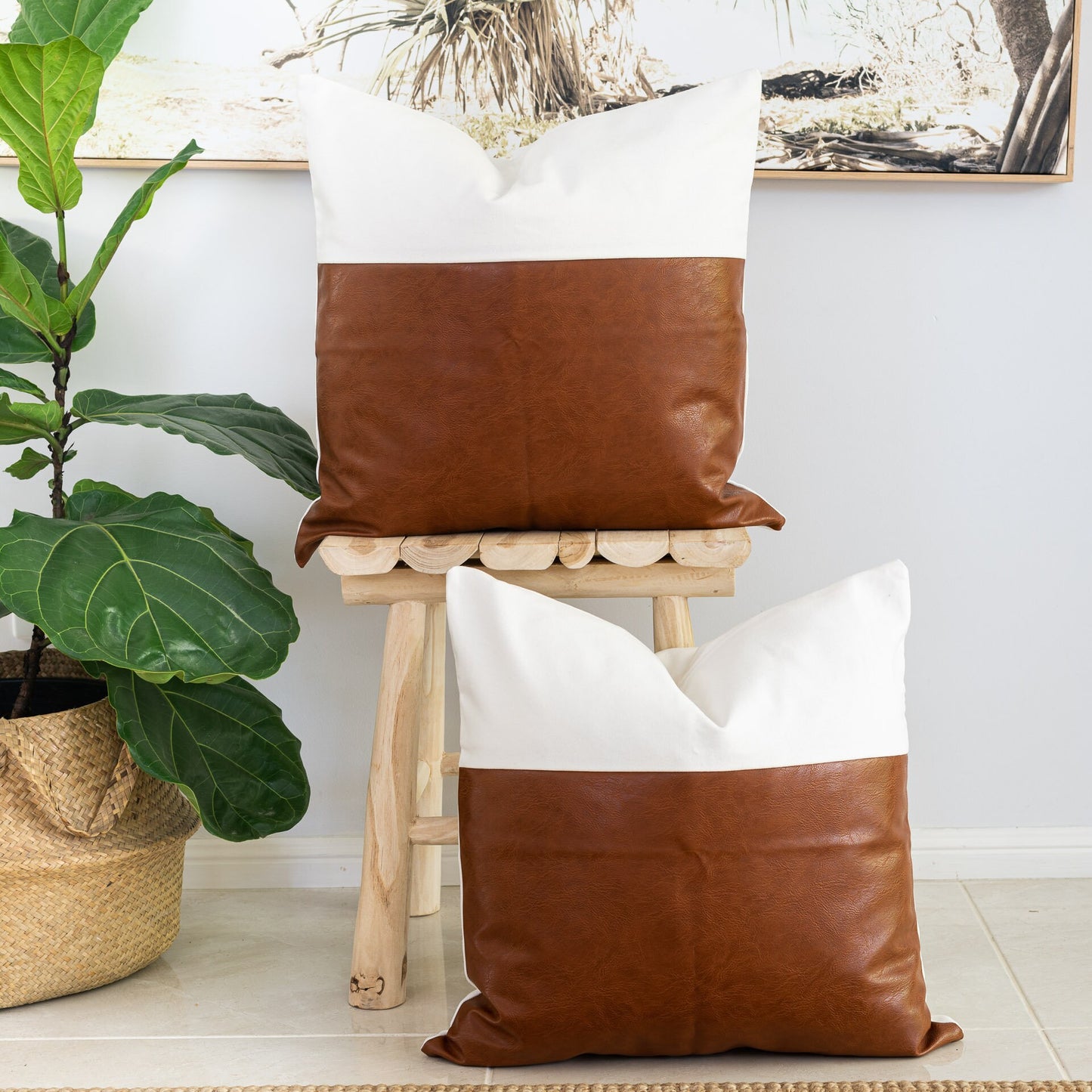 Set of 2 50x50cm Cognac faux Leather with White Fabric split Cushion Covers - Thick durable modern throw pillow covers