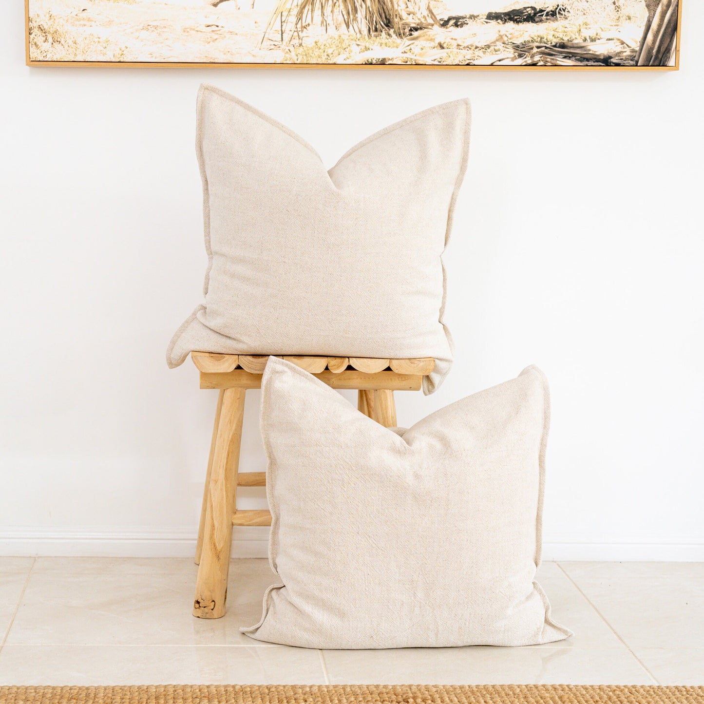 (Set of 2) 100% linen/cotton blend textured cushion cover, straight edge with Flange - Natural