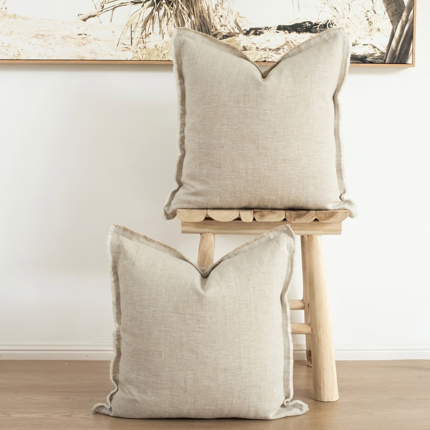 (Set of 2 ) 100% linen cushion cover, Hand made Fringed edge - Natural