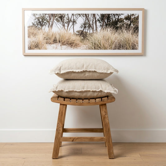 (Set of 2 ) 100% linen cushion cover, Hand made Fringed edge - Natural