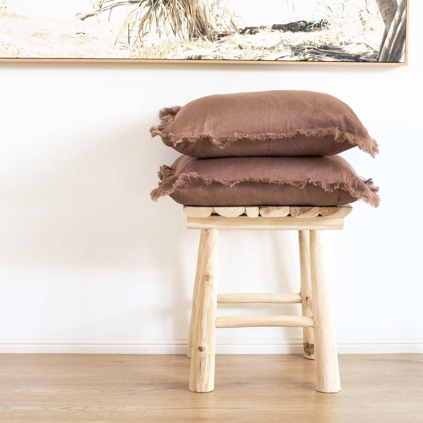 (Set of 2) 100% linen cushion cover, Hand made Fringed edge - Dusty brown