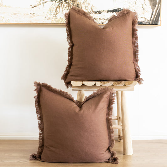 (Set of 2) 100% linen cushion cover, Hand made Fringed edge - Dusty brown