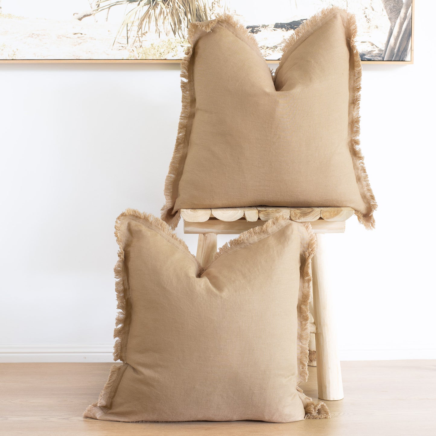 (Set of 2 ) 100% linen cushion cover, Hand made Fringed edge - Camel