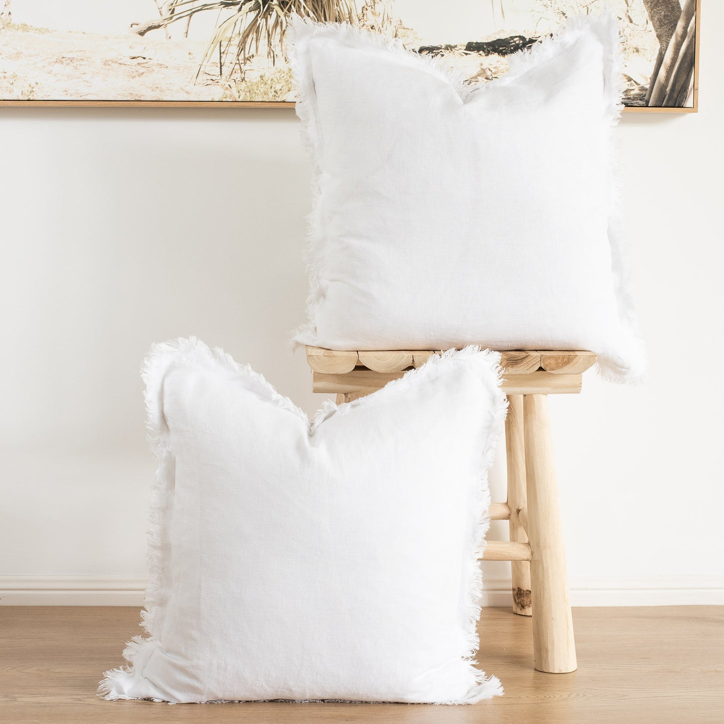 (Set of 2 ) 100% linen cushion cover, Hand made Fringed edge - White