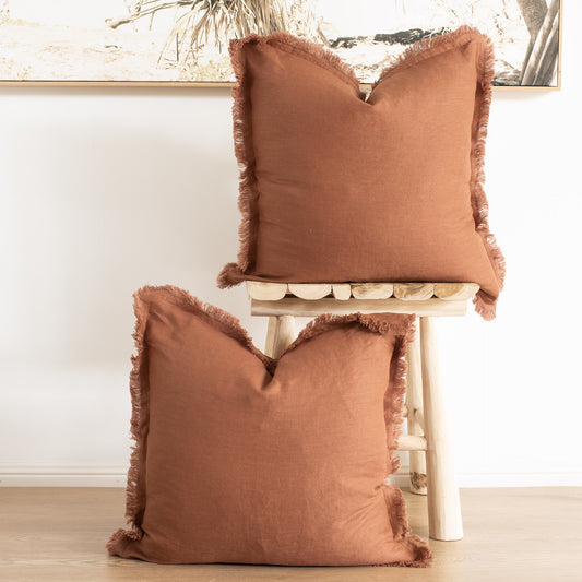 (Set of 2 ) 100% linen cushion cover, Hand made Fringed edge - Terracotta