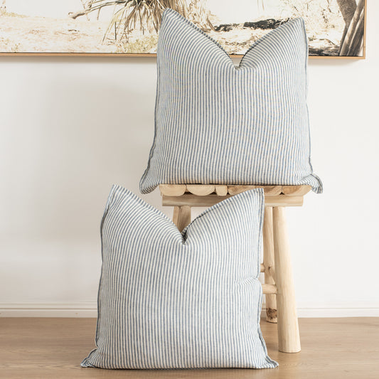 Set of 2 Flax linen striped cushion cover,  with straight edge - White/Blue stripe