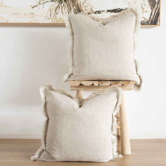 (Set of 2 ) 100% linen cushion cover, Hand made Fringed edge - Natural, Oatmeal