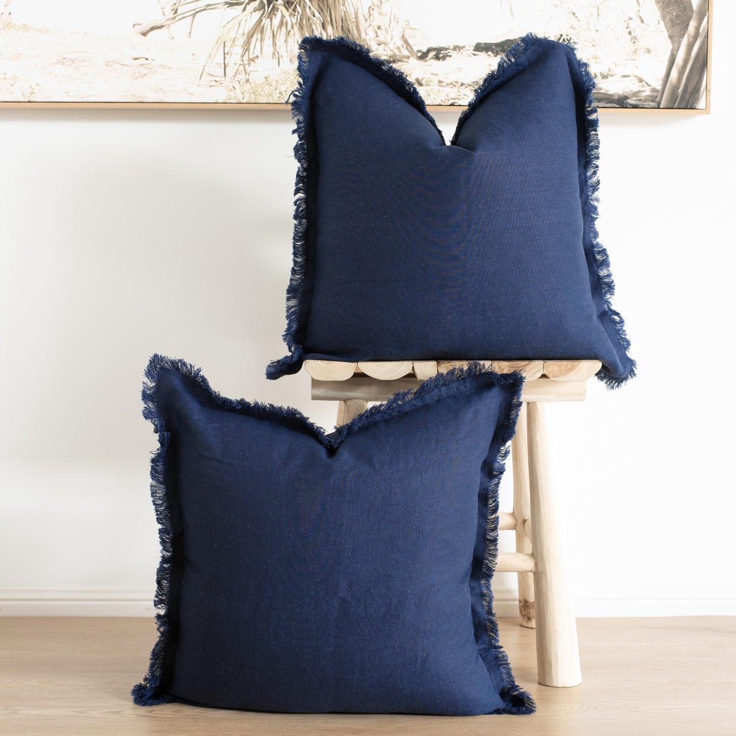 100% linen cushion cover, Hand made fringed edge - Navy Blue (Set of 2 )