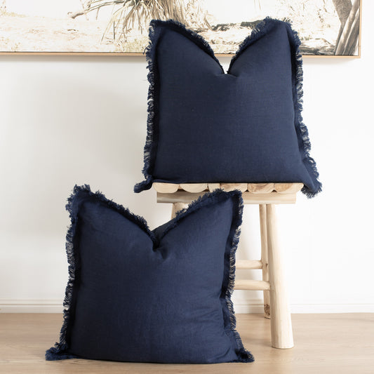 (Set of 2 ) 100% linen cushion cover, Hand made Fringe edge - Dark Navy Blue