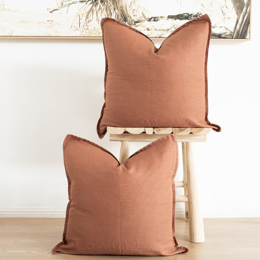 (Set of 2 )100% linen cushion cover, straight edge with Flange - Terracotta