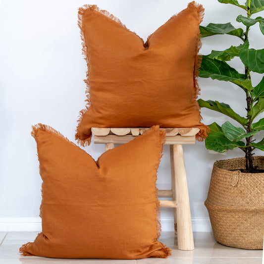 (Set of 2 ) 100% Flax linen cushion cover, With Fringe edge - Rust