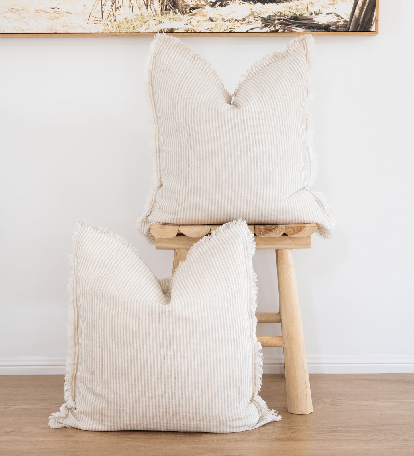 Set of 2 100% Flax linen cushion cover, hand made fringe edge - Beige/cream stripe