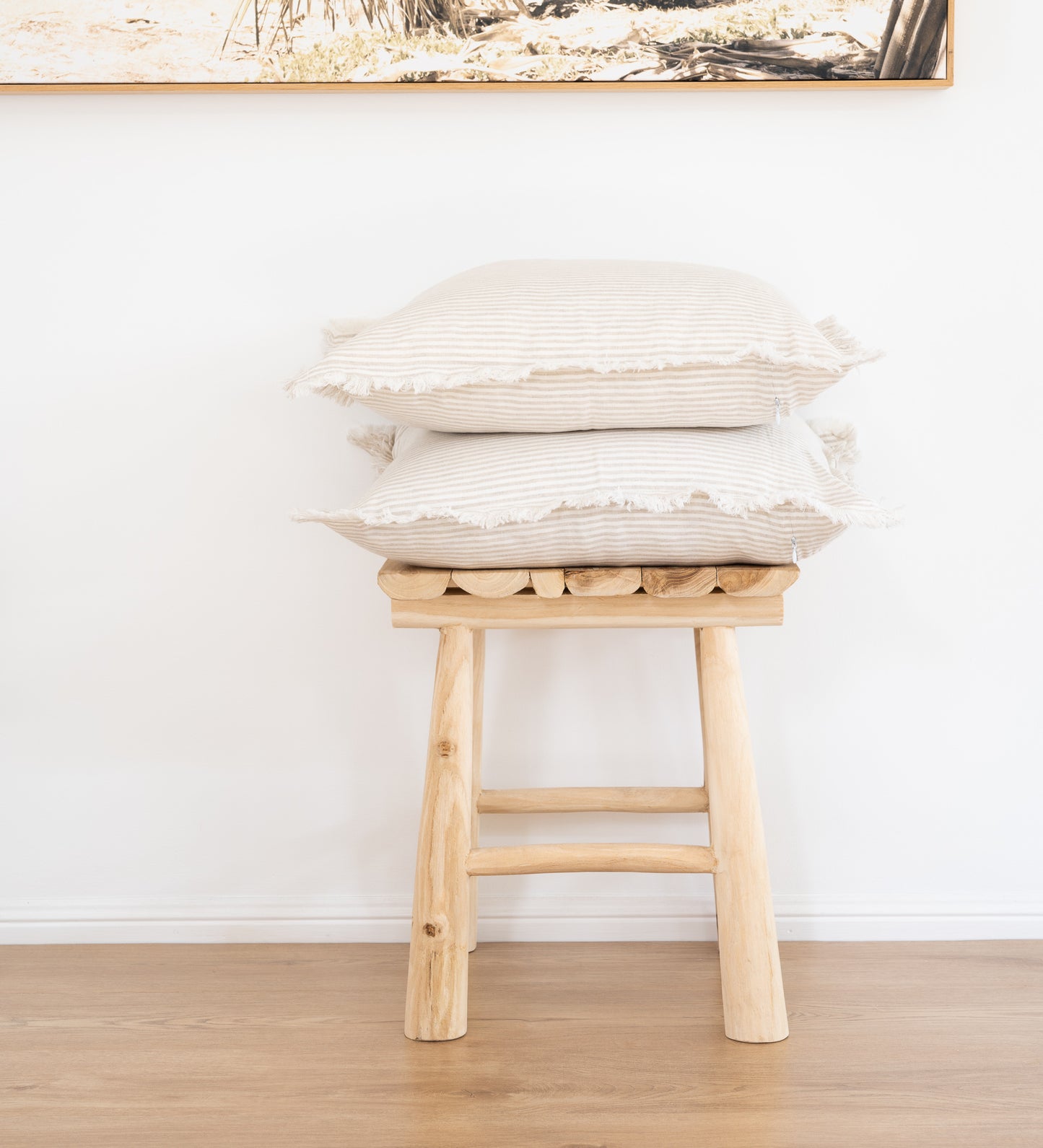 Set of 2 100% Flax linen cushion cover, hand made fringe edge - Beige/cream stripe