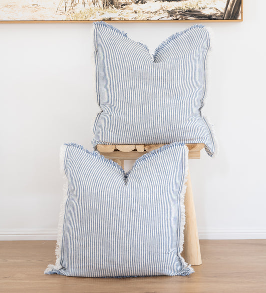 Set of 2 Flax linen striped cushion cover,  with fringe edge - White/Blue stripe