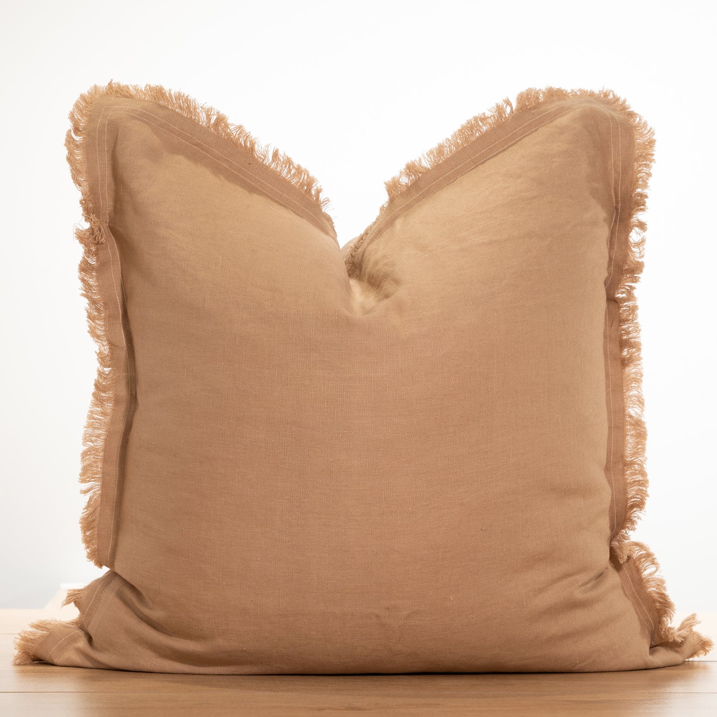 (Set of 2 ) 100% linen cushion cover, Hand made Fringed edge - Camel